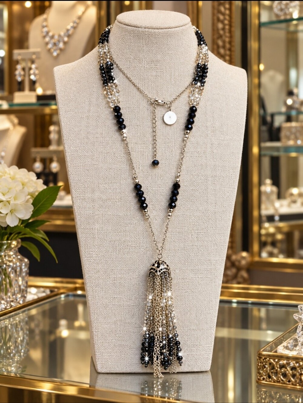 White House Black Market Faceted Crystal Gold Tone Tassel Long Beaded Necklace
